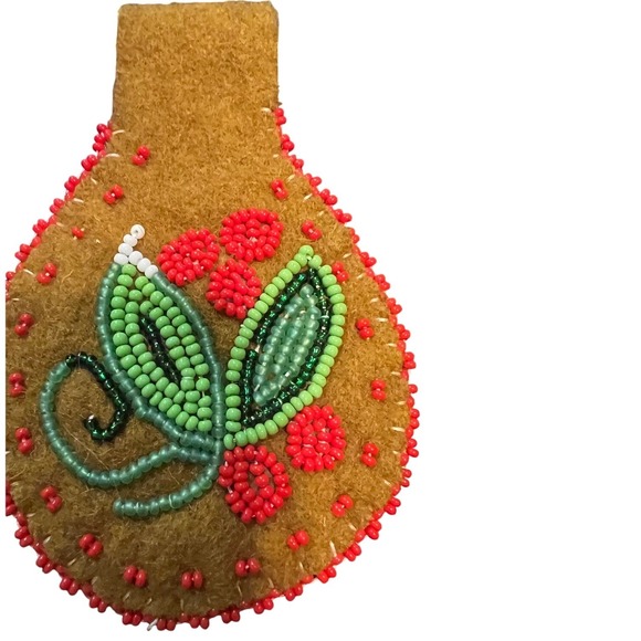 Beaded Key Chain Fob Brown Felt Leaf & Berries Design Handmade Ethnic Pattern - Picture 2 of 3
